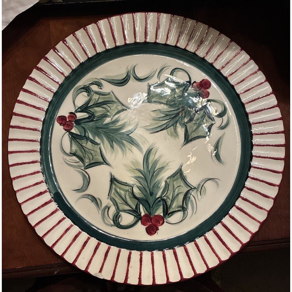 Vintage Gail Pittman Hollylujah Christmas Holly Fluted Platter 14 Inch